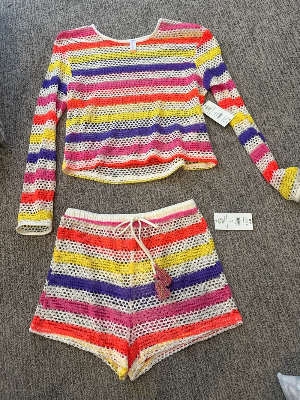 Girls Crochet Stripe Pajama Set - Multicolor